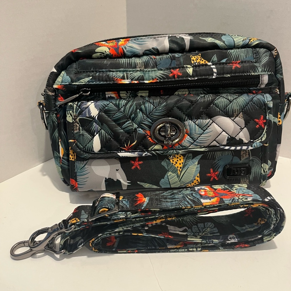 Like New! Lug Switch Convertible Black Crossbody Bag with Jungle/Animal Design